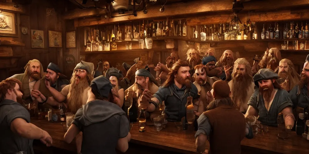 Image similar to a photo of a bar fight inside a pub between hobbits and dwarves and elves, detailed faces, accurate faces, 4k, hyperrealism, editorial, photorealistic, crisp details, sharp focus, wide angle lens, octane render, caustics