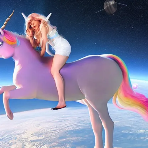 Image similar to amouranth riding a unicorn in space