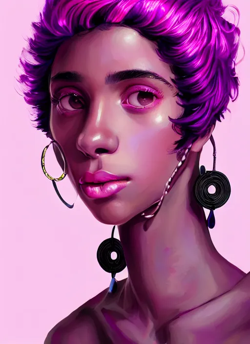 Image similar to portrait of teenage vanessa morgan with bright pink hair, black girl, curly pixie cut hair, wearing a purple breton cap, breton cap, hoop earrings, intricate, elegant, glowing lights, highly detailed, digital painting, artstation, concept art, smooth, sharp focus, illustration, art by wlop, mars ravelo and greg rutkowski