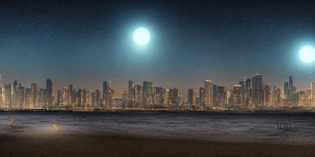 Image similar to a high detail photograph night time at a beach, cyberpunk city at night in the distance, two moons in the sky, realism, 8 k, award winning photograph