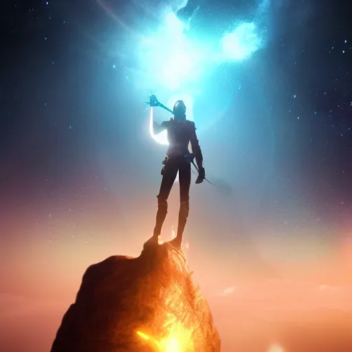 Image similar to sword standing on a glowing rock, distant planet in background, fog, glow, sharp, 4 k, lens flare, highly detailed digital art, trending on artstation