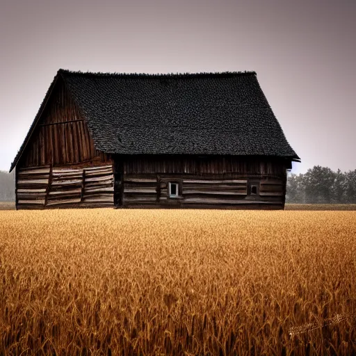 Prompt: old wooden house in foggy wheat field, very detailed, 4 k, professional photography