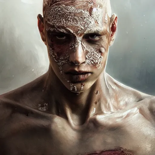 Image similar to portrait painting of young man with severe burn scars on his face and poorly shaved hair wearing tattered light armor, ultra realistic, concept art, intricate details, eerie, highly detailed, photorealistic, octane render, 8 k, unreal engine. art by artgerm and greg rutkowski and charlie bowater and magali villeneuve and alphonse mucha