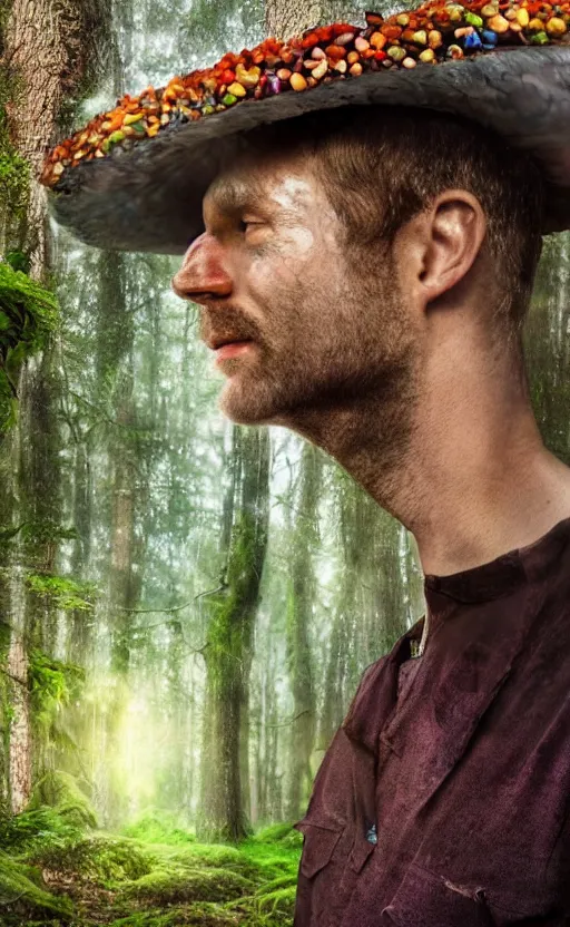 Prompt: realistic colorful photo portrait of man with mushrooms growing on his face, illuminated forest in the background full light, ultra rendered extreme realism and detail, 8 k, highly detailed, realistic, photorealistic,