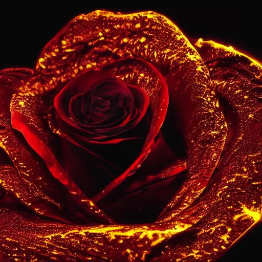 Image similar to award - winning macro of a beautiful black rose made of glowing molten magma