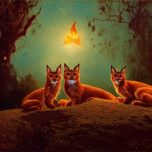 Prompt: three cute caracals wearing red ties, campfire, night, atmospheric lighting, intricate, volumetric lighting, digital art, highly detailed by gaston bussiere, craig mullins, j. c. leyendecker 8 k