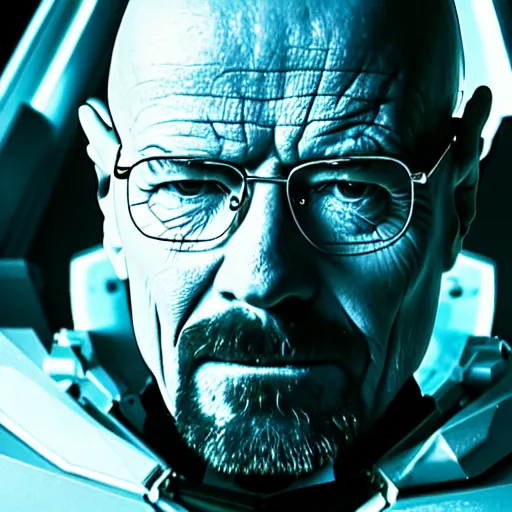 Prompt: Film still of Walter White in cybernetic battle armor in new futuristic futuristic Breaking Bad movie, highly detailed, 4k