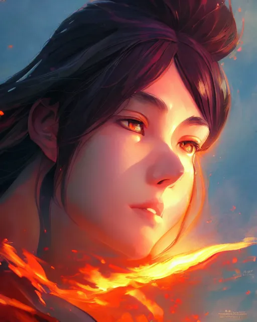 Image similar to the goddess of fire, spunk and intense beauty, full shot, atmospheric lighting, detailed face, by makoto shinkai, stanley artgerm lau, wlop, rossdraws