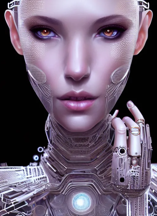 Image similar to portrait of female ex - machina humanoid, intricate, elegant, glowing lights, highly detailed, digital painting, artstation, glamor pose, concept art, smooth, sharp focus, illustration, art by artgerm and greg rutkowski