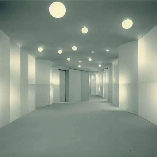 Image similar to noisy color photograph of a retrofuturist liminal space, dark pit, minimalist, cinematic, soft vintage glow