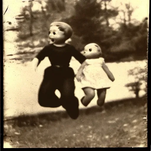 Image similar to 1 9 5 0 s, creepy dolls jumping towards viewer, horror, lost photograph, final photo found, forgotten, polaroid,