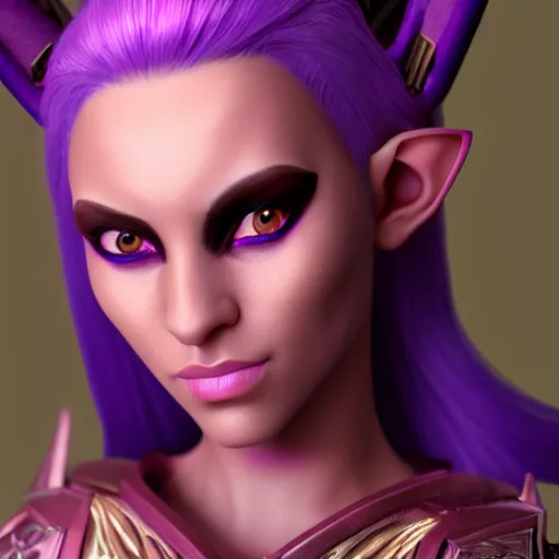 Image similar to portrait of a beautiful female high elf with tan skin, magenta eyey, dark skin. 3 d octane render trending on art station 8 k