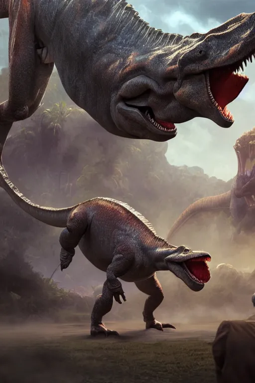 Image similar to dinosaur dance party with pizza, dramatic lighting, cinematic, establishing shot, extremely high detail, foto realistic, cinematic lighting, post processed, concept art, high details, cinematic, 8k resolution, beautiful detailed, photorealistic, digital painting, artstation, concept art, smooth, sharp focus, artstation trending, octane render, unreal engine