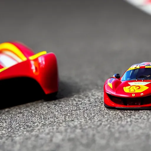 Prompt: photograph, hot wheels, formula 1, ferrari, monza, macro, bokeh