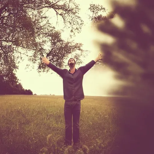 Prompt: happy man standing in a field with arms in the air