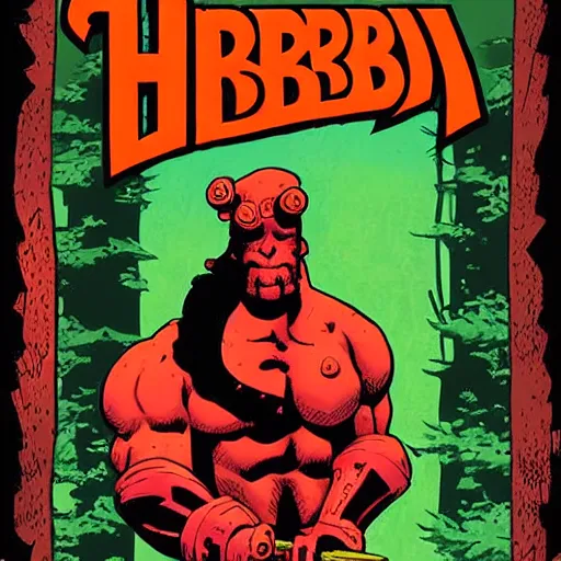 Image similar to hellboy comic book cover by mike mignola lumberjack in forest, weilding an axe