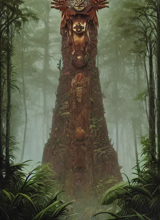 Image similar to a totem in the jungle surrounded by mist, representing amazonian shamanic traditions, tribal masks, symetrical totem, hyper detailed, art by christophe vacher