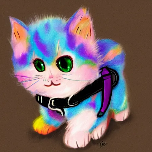 Image similar to wide angle full body, of a fluffy cute rainbow kitten wearing a black motorcycle jacket, concept art