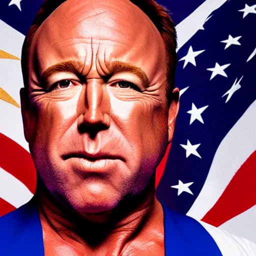 Image similar to UHD candid photo of Alex Jones dressed as a cosmic superhero, wearing red white and blue, accurate face, UHD, photorealistic, correct face, photo by Annie Leibowitz