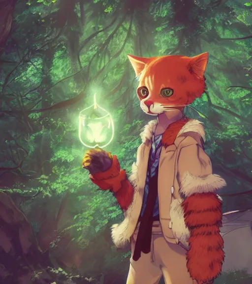 Image similar to character portrait of the anthro anthropomorphic cat head animal person fursona wearing clothes standing in the bright forest, hidari, color page, tankoban, 4 k, tone mapping, akihiko yoshida