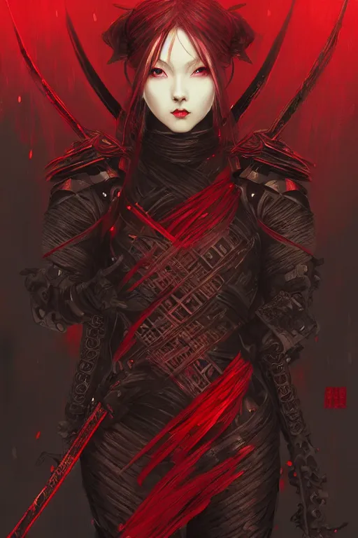 Image similar to portrait Ninja gaiden girl, armored black and red ninja wardrobe, in ruin japanese rainny temple night, ssci-fi and fantasy, intricate and very very beautiful and elegant, highly detailed, digital painting, artstation, concept art, smooth and sharp focus, illustration, art by tian zi and WLOP and alphonse mucha