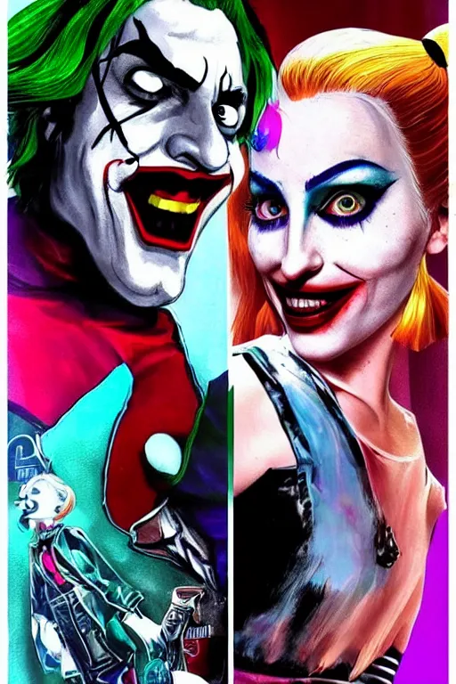 Image similar to joaquin phoenix as joker and lady gaga as harley quinn, remove duplicate content!!!!, delete duplicate content!!!, violet polsangi pop art, gta chinatown wars art style, bioshock infinite art style, incrinate, realistic anatomy, hyperrealistic, rgba color, white frame, content balance proportion