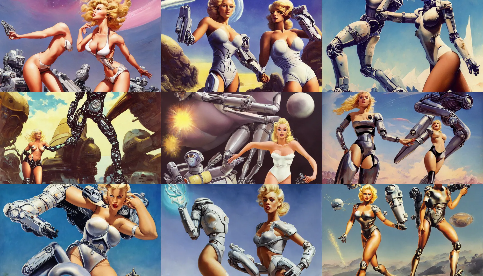 Prompt: A mixed media portrait painting of a beautiful blonde woman running on an alien planet, very curvy, aesthetic! high-waisted white-bikini-armor and boots, her cybernetic arm holds a ray-gun, aesthetic symmetrical face and eyes, model, wet, pacific-rim-mech in background, by Frank Frazetta, Boris Vallejo, Beeple, Greg Rutkowski, Christian MacNevin, eighties-pinup style, epic fantasy character art, high fantasy, CGsociety, exquisite detail, post-processing, masterpiece, cinematic