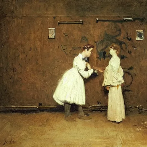 Image similar to a young man and a young woman solving an escape room puzzle, mysterious markings on the wall, by alfred stevens