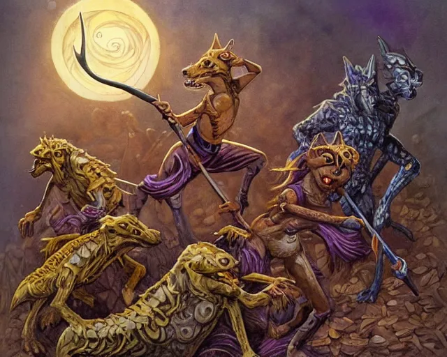 Image similar to Fantasy illustration by Clyde Caldwell - The pack of kobolds is crouched in a circle. They are snivelling canid humanoids, with scales of rust, and they carry spears. Their leader, a matronly female with numerous tattoos, kneels in the center of the circle and gathers the pulsing purple moss. She has a spear, but it lies across her lap. The kobolds chatter to one another, and you hear the word “food” uttered more than once.