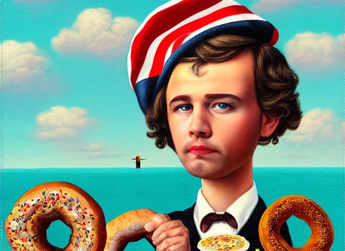 Image similar to american captain made of donuts, lowbrow, matte painting, 3 - d highly detailed, in the style of mark ryden,