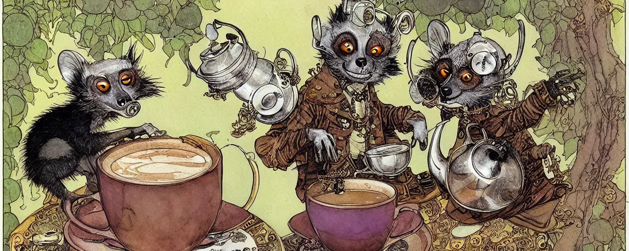 Image similar to an steampunk lemur having a cup of tea, muted colors, by rebecca guay, michael kaluta, charles vess and jean moebius giraud