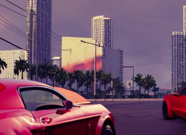 Image similar to still next - gen ps 5 game grand theft auto 6 2 0 2 4 remaster, graphics mods, rain, red sunset, people, rtx reflections, gta vi, miami, palms and miami buildings, photorealistic screenshot, unreal engine, 4 k, 5 0 mm bokeh, close - up ford mustang, gta vice city remastered, artstation