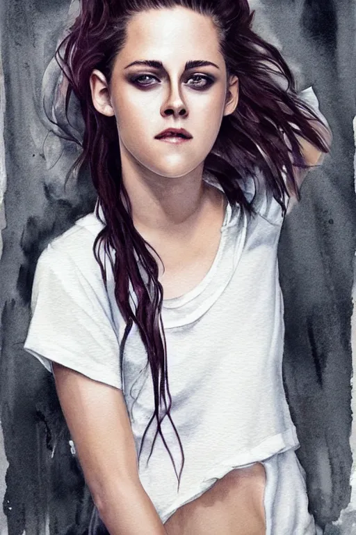 Prompt: Full body Portrait of young, beautiful Kristen Stewart, white t-shirt, full of details, watercolor, photorealistic, concept art, smooth, by Ina Wong and wlop ，trending on cgsociety and artstation，8kHDR，light effect