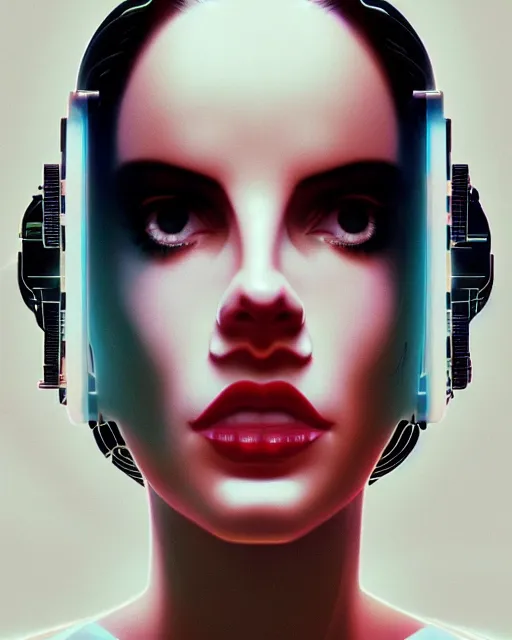 Prompt: portrait of Lana Del Rey as a cyborg. intricate abstract. intricate artwork. by Tooth Wu, wlop, beeple, dan mumford. dune by david lynch, octane render, trending on artstation, greg rutkowski very coherent symmetrical artwork. cinematic, hyper realism, high detail, octane render, 8k, iridescent accents