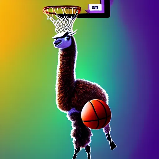 Image similar to a llama dunking a basketball, 4 k, digital art, high resolution, trending on artstation