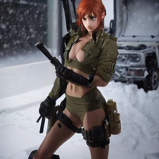 Image similar to quiet from metal gear solid v, caught in a snow blizzard, holding a torch,