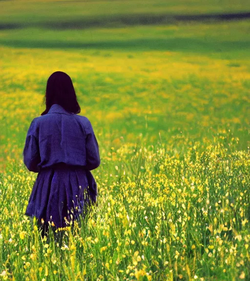 Image similar to shadow person figure standing at distance in beautiful meadow of flowers, film photo, grainy, high detail, high resolution