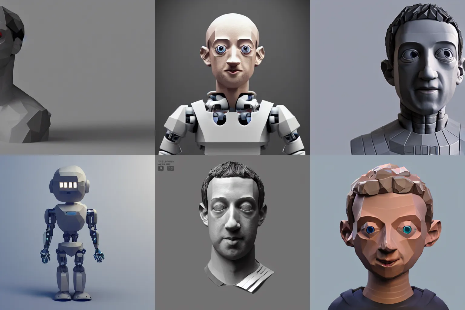 Prompt: Low poly Clay render of a cute robotic Mark Zuckerberg; trending on artstation, Octane render, Unreal Engine, highly detailed