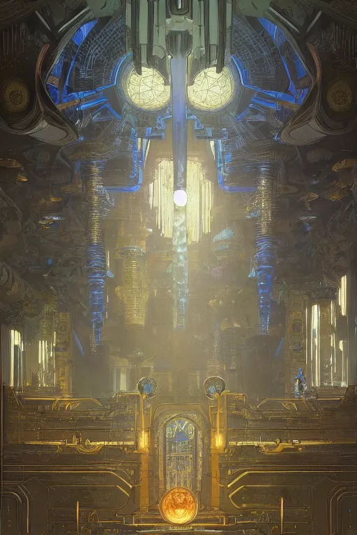 Prompt: Concept Digital Art Highly detailed Alien Art Deco Cybertron courtyard inside of the Palace of the Primes with glowing blue water at night by greg rutkowski, Ilya repin, alphonse mucha, and Edmund Blair Leighton. Very highly detailed 8K, octane, Digital painting, the golden ratio, rational painting