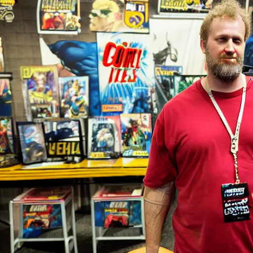 Image similar to portrait of DC comics comic book artist Ethan Van Sciver at a comic book convention