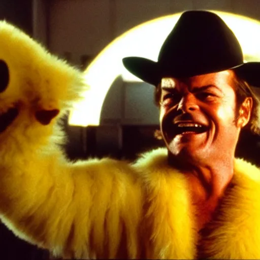 Image similar to Jack Nicholson plays Terminato and he shoots Pikachu, yellow fur explodes