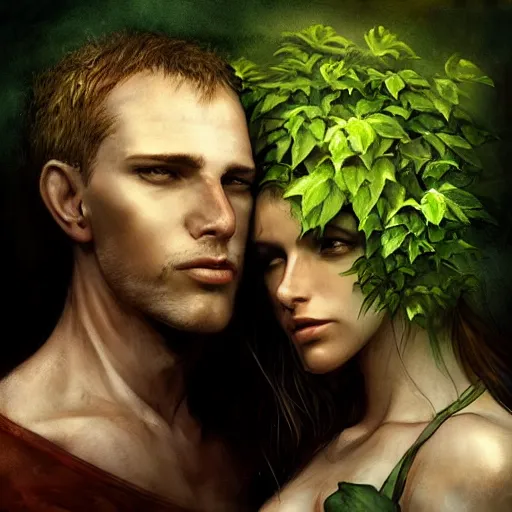 Image similar to a couple with plants growing out of their heads, growth of a couple, rainy day, atmospheric by aleksi briclot