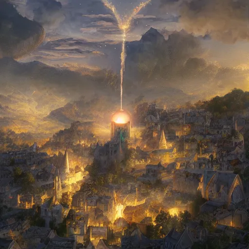 Image similar to aerial view of a medieval town situated below a glowing orb hanging in the sky. by alan lee by peter mohrbacher, trending on artstation sharp focus vfx key shot