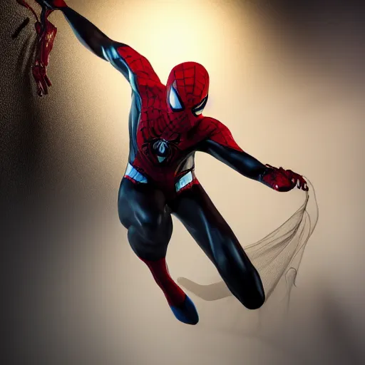 Image similar to black spider - man suit with white web lining, cinematic, volumetric lighting, realistic, hyperdetailed, photorealistic, photograph