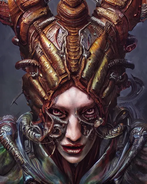 Image similar to a painting of a demon with large horns, cyberpunk art by Android Jones, zbrush central contest winner, fantasy art, apocalypse art, detailed painting, intricate