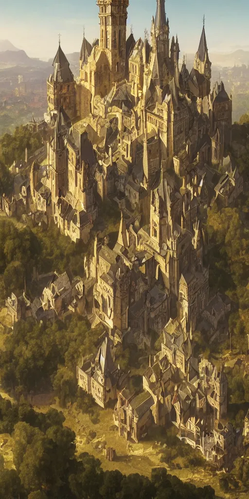 Image similar to medieval gothic city with castle on top of the hill, symetrical, very detailed, beautiful, intricate, cinematic, artstation, william bouguereau, alphonse mucha, greg rutkowski, highly detailed 4 k art, sharp focus, smooth, hd