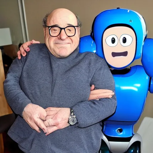 Prompt: <picture meta='attention-grabbing' description='cute adorable friendly caring' robotDesires='hug' accurate exact>Robot meets Danny DeVito<picture>