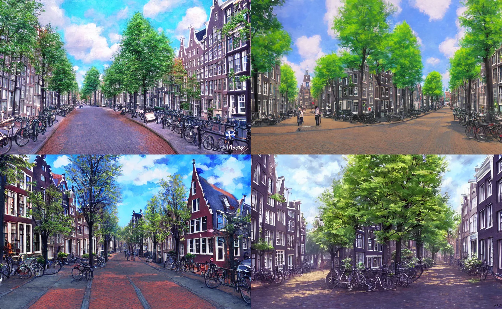Prompt: a quaint street in Amsterdam, painting by Makoto Shinkai