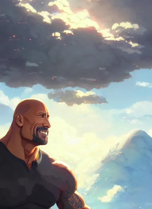 Image similar to portrait of dwayne rock johnson, cloudy sky background lush landscape illustration concept art anime key visual trending pixiv fanbox by wlop and greg rutkowski and makoto shinkai and studio ghibli