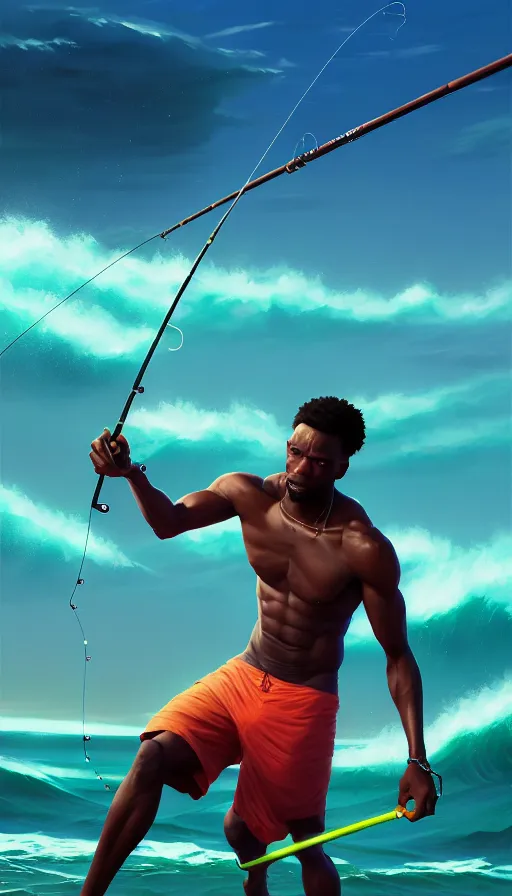 Image similar to highly detailed portrait of one athletic modern jamaican man, fishing, magical glowing fishing rod, ocean background, symmetry, unreal engine, fantasy art by greg rutkowski, loish, rhads, makoto shinkai and lois van baarle, ilya kuvshinov, rossdraws, tom bagshaw, global illumination, radiant light, detailed and intricate environment